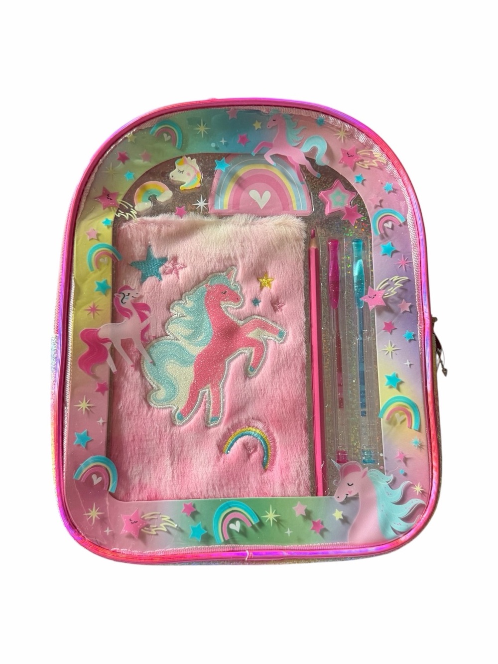 NWT-Kids Pink Unicorn Stationery Set - Plush Notebook & Pensr